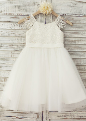 Cap Sleeves Ivory Lace Tulle Dreamy Flower Girl Dress